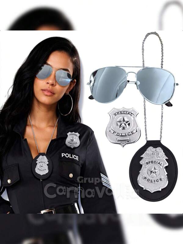 GRUPO CARNAVALLIA Kit Lentes Insignia y Placa Disfraz de Policía Accesorios para Disfraz Outfit Cosplay Agente Policía Halloween GRUPO CARNAVALLIA