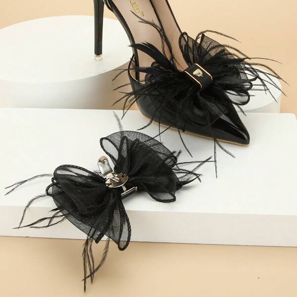2pcs Feather, Mesh & Bowknot Design Shoe Clips, Removable Wedding Party High Heels Decoration Accessories, Elegant Butterfly Shoes Accessories For Spring Summer