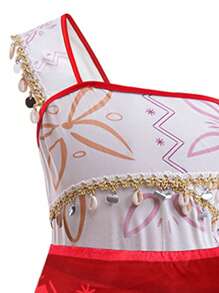2pcs/Set Girls Red Sleeveless One-Shoulder Dress & Necklace Set, Children Princess Role-Play Stage Performance Halloween Costume