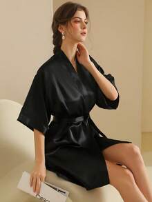 Women's Silk Nightgown Wedding Dressing Robe Lightweight Cardigan Robe Bridal Morning Robe Friend's Robe, Suitable For Home And Hotel Wear. - Black - View 9