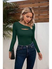 Womens Fashion Fall Cutout Long Sleeve Ribbed Slim Fitted Tops Shirts Tee Tshirts - 長暗綠色 - 查看 7