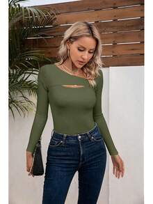 Womens Fashion Fall Cutout Long Sleeve Ribbed Slim Fitted Tops Shirts Tee Tshirts - Xanh dài - Xem 7