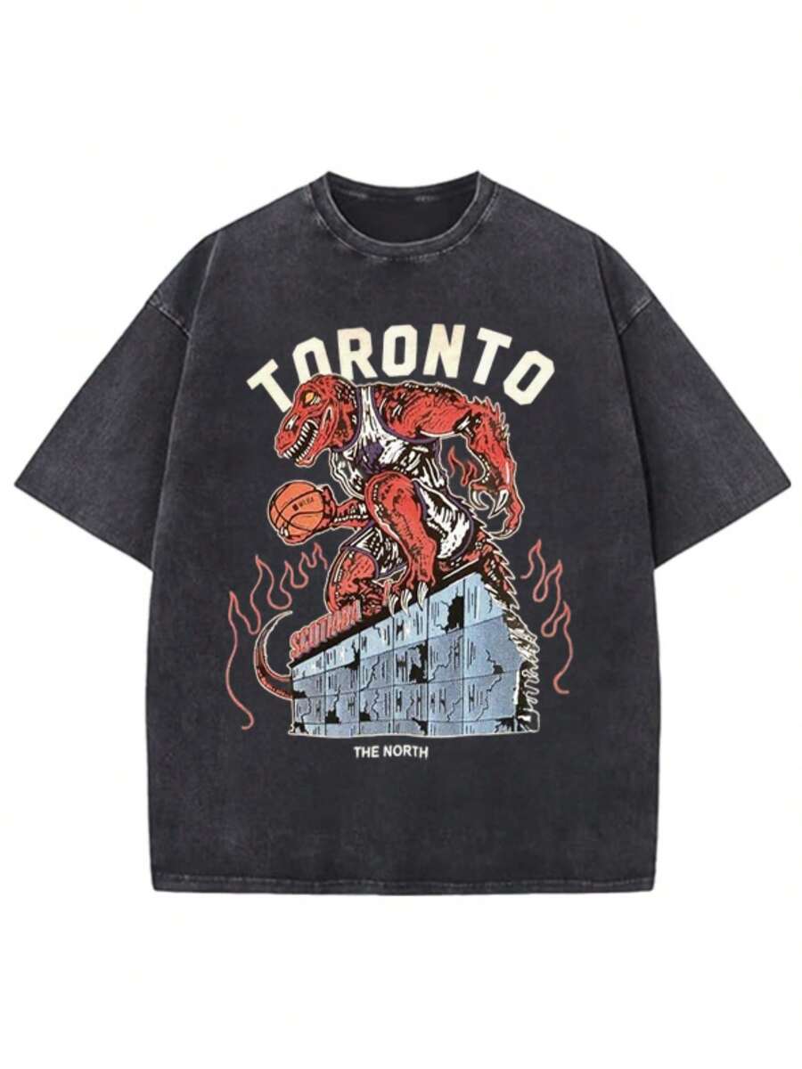 Ash-Vintage Washed Oversized-Drapey Toronto Raptors Dino-Basketball Tee - Retro-Sport Street-Hardcore Vibe - 黑色 - 查看 1