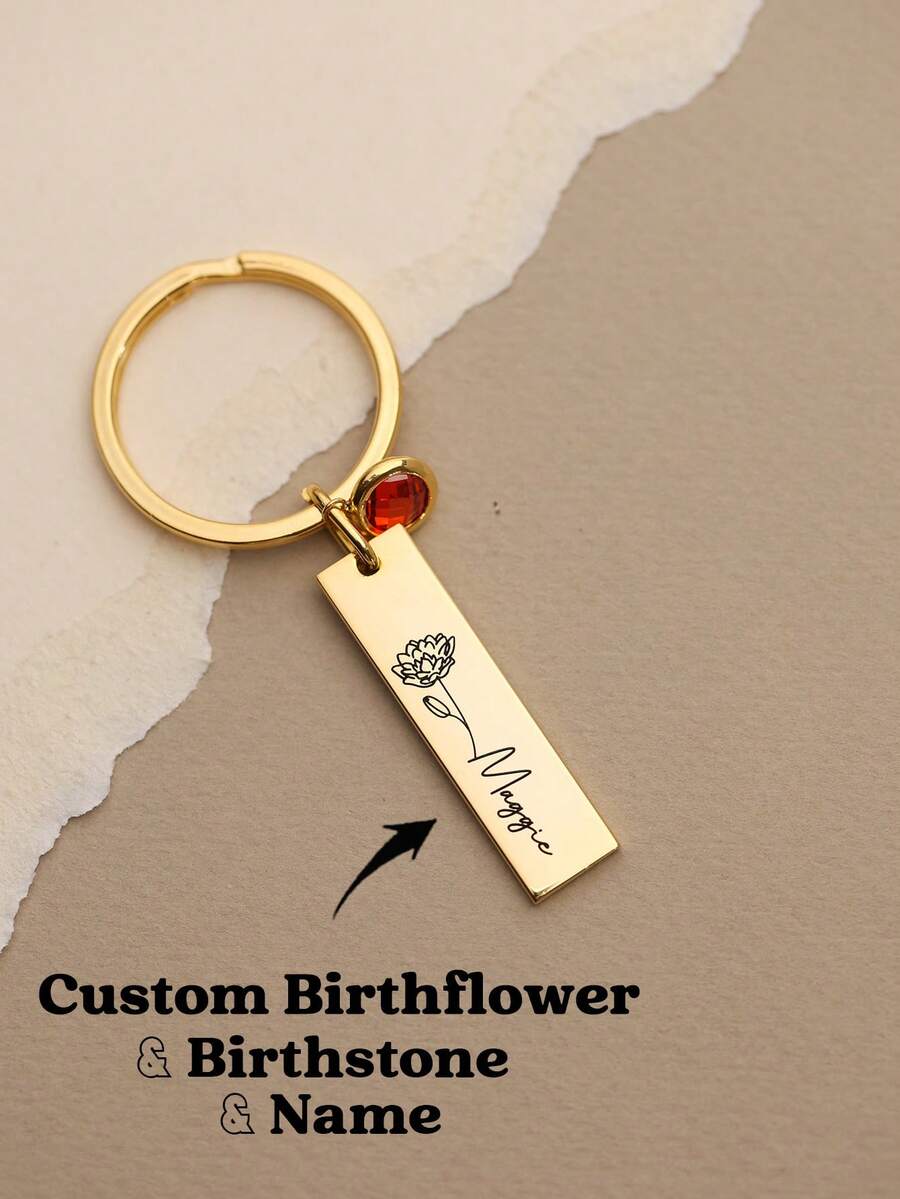 Personalized Birthstone Keychain, Custom Name Keychain, Birthflower Keychain, Name Keychain Gift, Gift For Him, Gift For Mom - Multicolor - View 1