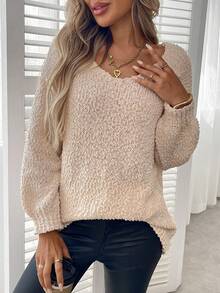 Plus Size Solid Color Crew Neck Casual Long Sleeve Knit Sweater, For Winter - Apricot - View 2