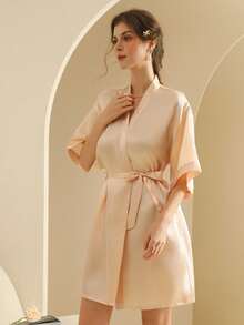 女士真丝睡袍，轻盈开襟长款睡袍，适合新娘、朋友、居家及酒店穿着。 - 香檳色 - 查看 4
