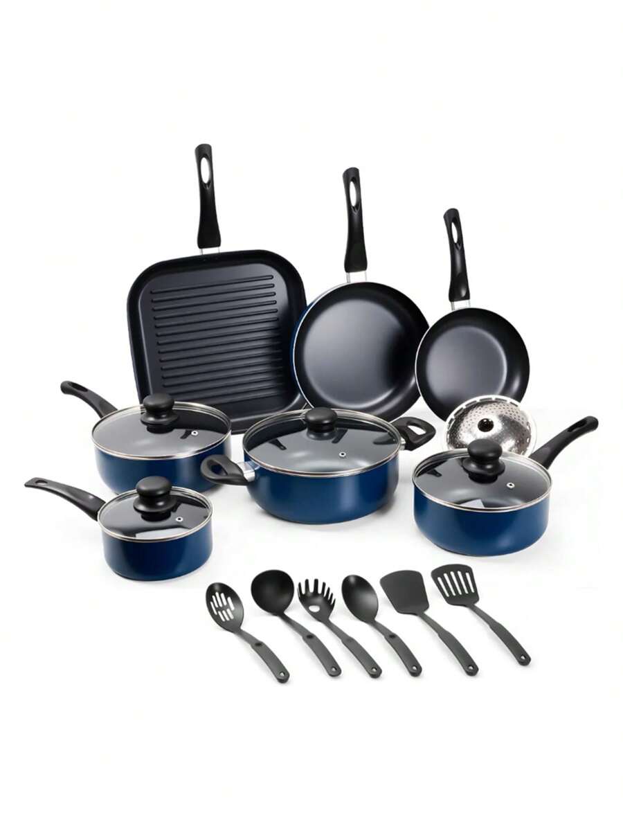 Kit batería de cocina aluminio sartén antiadherente 18pcs set ollas sartenes utensilios cocina profesional antiadherente gran cantidad diseño moderno resistencia funcional accesorios hogar - azul real - Ver 1