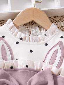 Girls' Cute Polka Dot Patchwork Rabbit Ear Bow Ruffle Collar Long Sleeve Dress, Autumn/Winter New Arrival