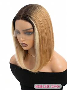 QVR QUEEN VIRGIN REMY 100% Human Hair T-Part Lace Front Bobo Wig With Baby Hair, Virgin Remy Hair, Middle Part Lace Wig, Natural Hairline, Piano Brown With Blonde Mix Color, Glueless Wig For Women - S4/27/613 - View 2