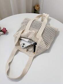 Summer Fashion Resort Beach Bag, Elegant White Ladies Handbag, Crochet Woven Women's Tote Bag, Lunch Bag, Shoulder Bag, Travel Essential, Cruise Essential, Suitable For Casual, Vacation, Shopping And Pairing With Business Casual Outfits, Suitable For Women, College Students, Mother's Day Gift, Wedding Bride & Bridesmaid Gift , Beach Bag - Beige - View 7