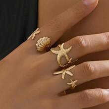 3pcs Metal Fashion Ocean Series Ring Set, Shell & Starfish, Adjustable, Women Summer Beach Jewelry