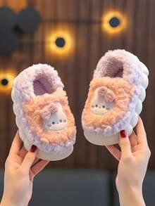 1 par de zapatillas de interior con estampado de animales de dibujos animados para niños, con forro cálido, para niños y niñas, zapatillas de casa para otoño/invierno, antideslizantes, aptas para uso en casa y exterior - Morado - Ver 2