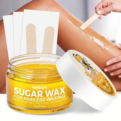 SUMAX 柠檬蜂蜜脱毛套装 - 150克天然身体蜡，包含木质蜡棒（适用于手臂/腿部/腋下）、可重复使用的蜡纸，打造光滑浅米色肌肤
