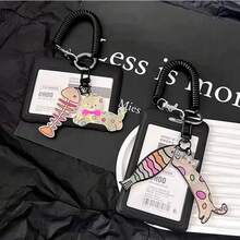 黑色卡套，带有可爱的卡通小猫和小狗，适用于地铁卡、公交卡、火车票、渡轮卡、员工证、门禁卡、学生证、图书证、校园餐卡 - 黑色 - 查看 3