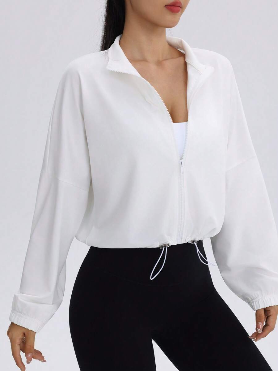 Women's Drawstring Hem Sports Jacket, Casual Short Zip-Up Running Fitness Yoga Outerwear