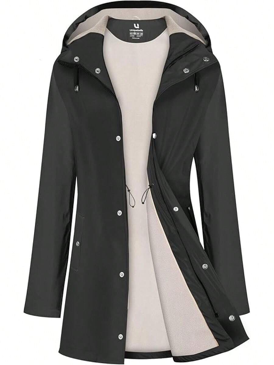 UNIQUEBELLA Rain Jackets For Women Waterproof, Raincoat Long Hooded Rain Coats Outdoor Windbreaker Trench Coat - 海軍藍羊毛 - 查看 1