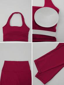 NcmRyu 一套女士高弹力休闲日常穿着吊带背心和裤子圣诞运动服套装 - 玫紅色 - 查看 3