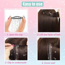 Hair Tinsel 6pcs Shiny Hair Clips, 23.6 Inch Sequin Hair Accessories Clip-In Hair Extensions Set, Heat Resistant Shiny Fairy Hair Clips, Suitable For Women (White, Pink) - White - View 5