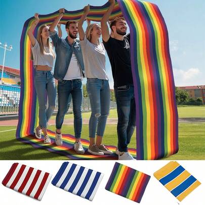 1 件户外团队建设多人协作滚轮脚带，采用彩虹色牛津布制成，周长 6 米，可同时为 3-4 人运送节日派对礼物。