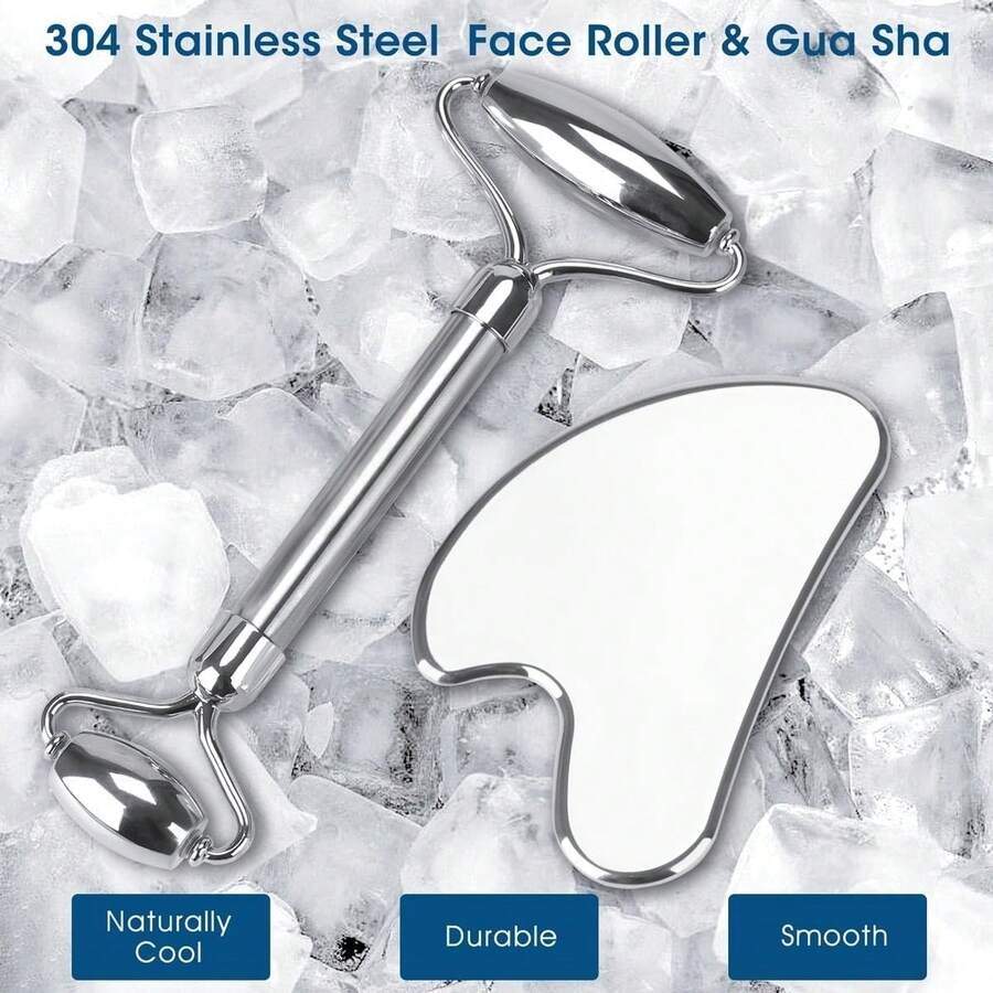Stainless Steel Roller & Stainless Steel Gua Sha Set Comb - Fragrance Free, Hand Beauty Tool For Face, Eyes, Neck, Forehead - 彩色 - 查看 1