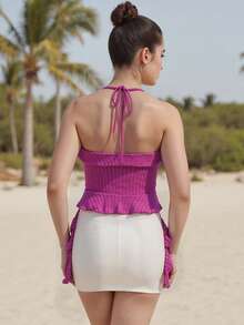 Women Halter Top, Tie-Up Sleeveless Tops Backless Ruffled Solid Summer Vest For Club Party - 玫紅色 - 查看 2