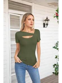 Womens Fashion Fall Cutout Long Sleeve Ribbed Slim Fitted Tops Shirts Tee Tshirts - Short-green - View 3
