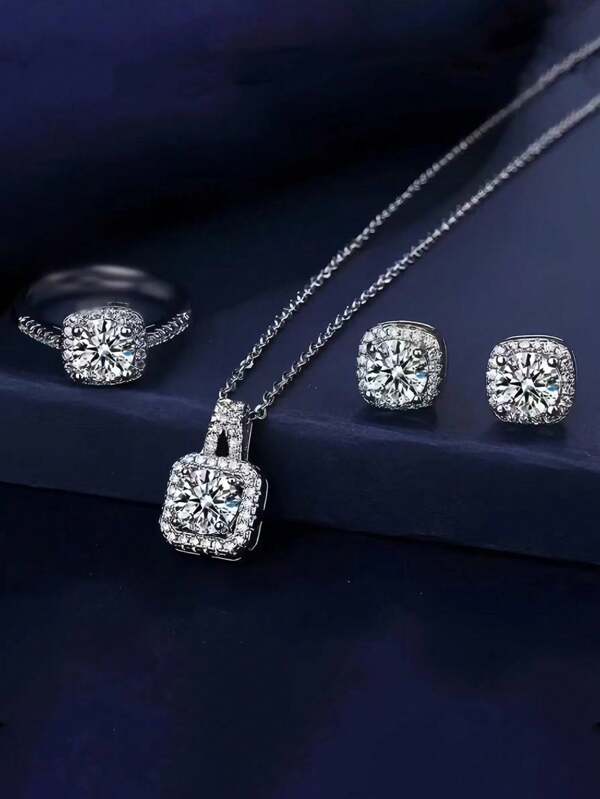 4 Pièces/set Collier De Luxe À Incrustation De Rhinestone De Forme Carrée, Ensemble De Boucles D'oreilles, De Bague, Adapté Pour Les Accessoires De Robes De Soirée Et Formelles