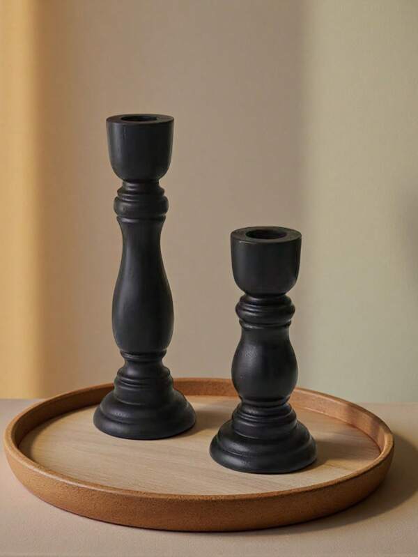 1 Set Of 2 Vintage Wooden Roman Column Candle Holders Home Decor Candle Stand For Living Room (Candles Not Included), Hole Diameter 2.2cm