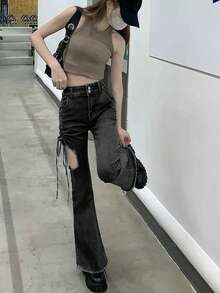 Women's Fashion Hollow Out Drawstring Frayed Hem Flare Leg Jeans - Black - View 3