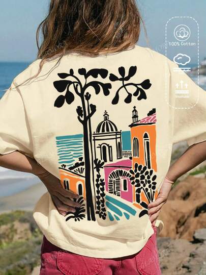 T-shirt da donna in cotone a coste, stampa di città mediterranea, abbigliamento sportivo da donna in stile college per primavera ed estate, top a maniche corte da donna morbidi e traspiranti di colore giallo chiaro.