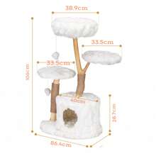 Rascador natural blanco de madera maciza y felpa, árbol para gatos con plataformas, cueva para acurrucarse y pelotas de juego, rascador estable para gatos de 109 cm para interiores.