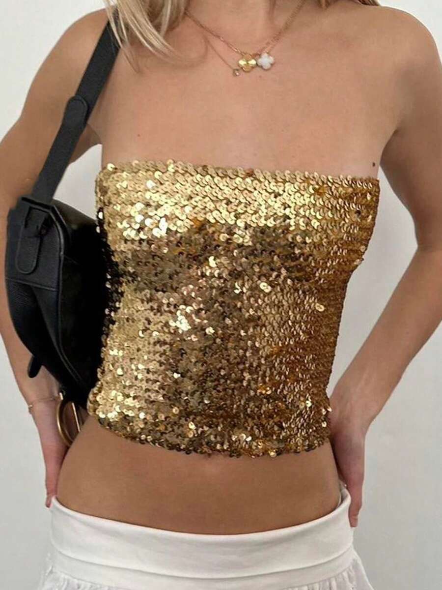 Womens Sparkly Sequin Mermaid Crop Tops, Strapless Metallic Tube Tops For Party Clubwear - 金色 - 查看 1