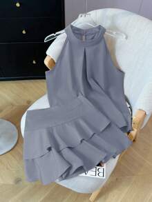 2 件套女式夏季无袖露背荷叶边下摆短款上衣和迷你裙套装 - 灰色兩件套 - 查看 2