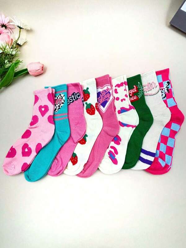 2 Pairs Random Cute Pink Heart & Strawberry Design Fashion Women Crew Socks, Suitable For Daily Wear And Campus Style