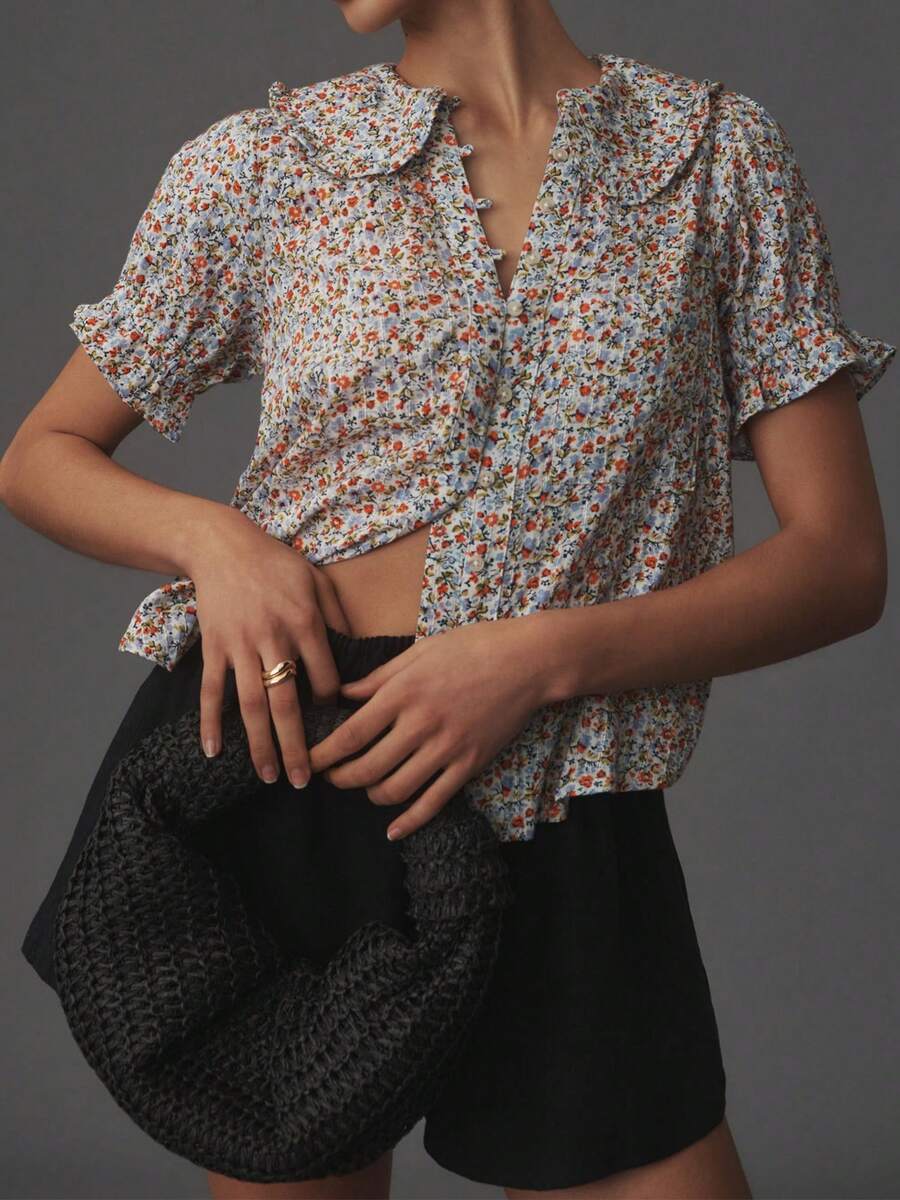 Women Y2k Puff Sleeve Peter Pan Collar Shirt Tops Button Down Boho Floral Print Ruffle Blouse Summer Cotton Babydoll Top - 紅白色 - 查看 1