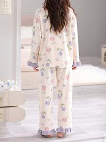 2 pièces/Set Femmes Pyjama Ouvert Devant Col V, Haut à Manches Longues et Pantalon Long, Vêtements Confortables pour la Maison, Printemps/Automne, Vêtements Automne Hiver - Parme - Voir 5