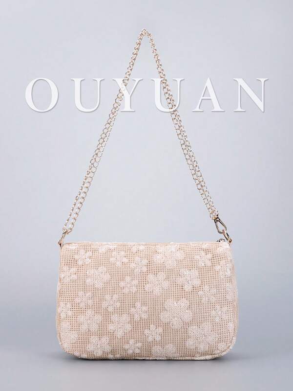 Bolso de hombro con bordado de lentejuelas, diseño clásico de bordado floral semicircular, bolso cruzado de mujer con contraste de colores, costura de lentejuelas con cremallera para cena. Tipo de bolso preferido, bolso multiusos, se puede llevar como bandolera, la cadena doblada por la mitad se puede usar como bolso de hombro. (La posición del patrón se corta al azar)