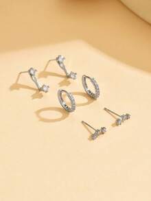3 Pairs (6pcs) Elegant Silver Hoop Earrings, Jewelry Gift For Women - Silver - View 4