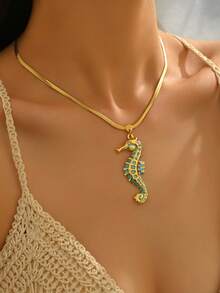 1 件女式 18K 镀金活力蓝海马吊坠项链，彩绘装饰吊坠配蛇骨链，适合海滩/夏季装扮