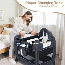 Kinder King 4 In 1 Foldable Pack And Play With Bassinet & Changing Table, Portable Playard For Babies And Toddlers, Convertible Newborn Crib Baby Bed With Canopy, Storage Bag, Dark Gray - 深灰色 - 查看 2