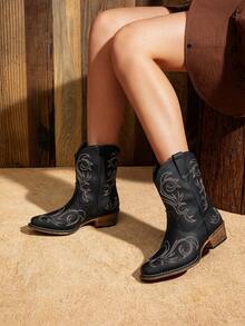 Women's Cowboy Cowgirl Western Boots Embroidered Stitched Ankle Boots Square Toe Chunky Heel Fashion Short Booties With Zipper - 黑色 - 查看 3