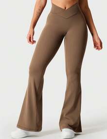 VOYJOY Women Flare Leggings No Front Seam Flare Yoga Pants With Tummy Control Crossover High Waist And Wide Leg Butt Lift Line Kalie Flare Scrunch Leggings For Women V Cross Waist Bell Bottom Yoga Pants Tummy Control Bootcut Workout Leggings Y2k Summer Clothes For Women - màu nâu - Xem 3