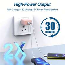 50W Dual Port USB-C Charger, With GAN PD3.0 Fast Charging Adapter And 1M Data Cable, Compatible With Macbook Pro/Air M1/M2, XPS 15/16, Compatible With IPad Pro/Air, Pixel, Galaxy S23 Ultra/Plus - EU Plug - EU C Type Plug(220-240V) - View 8