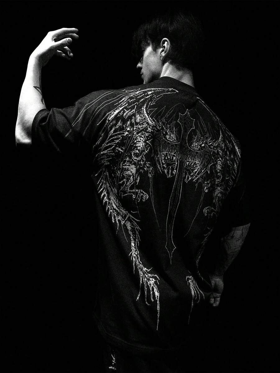 大码男士夏季十字复古休闲短袖圆领T恤，涤纶面料，适合运动健身 - 黑色 - 查看 1