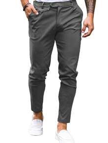 Runcati Mens Chinos Slim Fit Pants Flat Front Stretch Skinny Tapered Dress Pants Comfort Casual Solid Trousers - 深灰色 - 查看 3