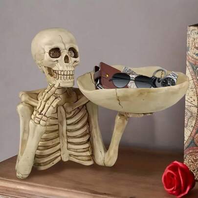 1pc Resin Skull Tray Decorative Ornament,Unique Skeleton Design For Halloween Candy Key Storage, Desktop Gothic Style Decorations, Perfect For Room And Outdoor Decoration, Perfect Holiday Props And Gifts Home Decor Halloween Decor Fall Decor Room Decor