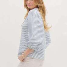 Women's Striped Button Down Shirt Smocked Long Puff Sleeve Oversized Boyfriend Blouse Loose Pocket Office Work Top - Màu xanh da trời - Xem 3