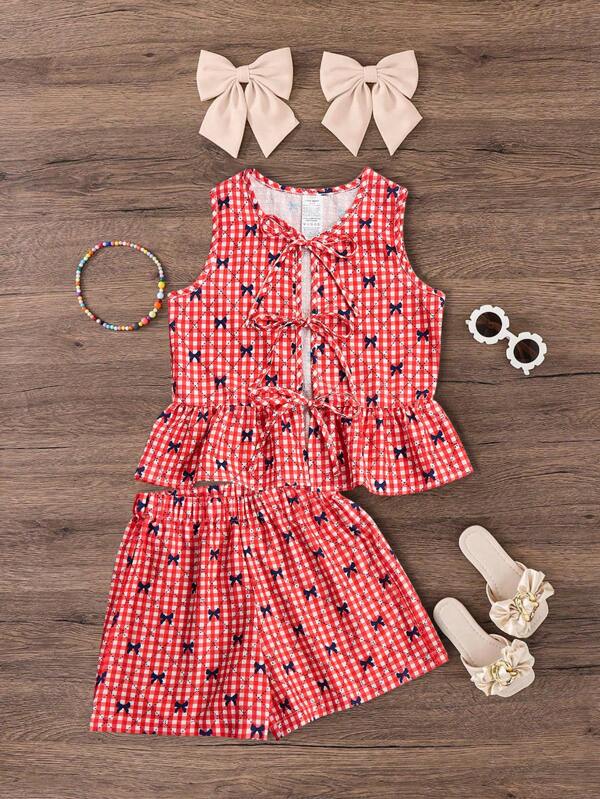 Tween Girls Red & White Plaid Sleeveless Bow Decor Ruffled Hem Blouse & Casual Shorts 2 Pieces Set, Suitable For Spring/Summer, Daily Outings, Spring Trips, Back To School