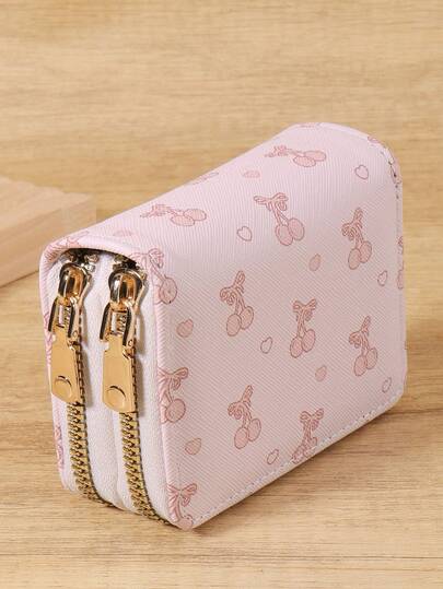 粉色蝴蝶结爱心图案多功能零钱包，双拉链卡包，多卡位卡套，可收纳信用卡，轻巧简约，时尚现代，商务百搭，适合周年纪念日、圣诞节、情人节、生日等各种场合，也可作为礼物送给爱人、女性、女孩、女士，或作为背包、宿舍和返校用品。