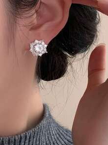 1 Cặp Bông tai đá Zirconia đồng sang trọng thanh lịch tối giản dùng hằng ngày cho nữ - Bạc - Xem 3